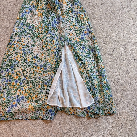 ZARA Floral Chiffon Midi Dress Green Yellow Ruffle Slit Size Small Romantic EUC - Picture 9 of 11